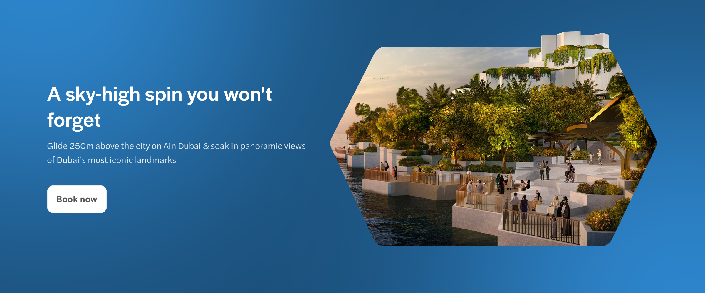 People walking along a waterfront promenade with lush greenery and modern architecture.